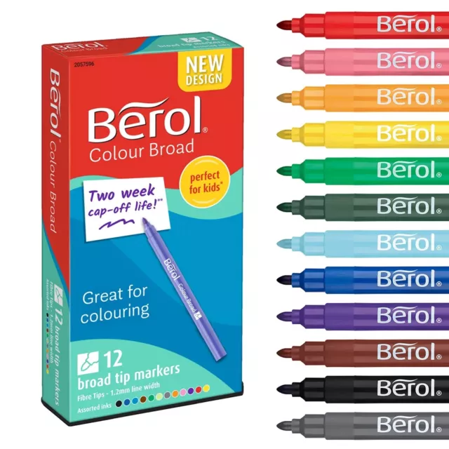 Berol Colour Broad Pens Assorted Colours Pack of 12 - Washable Ink - Uk Seller