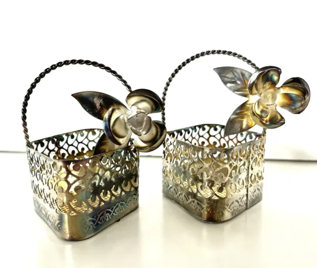 KURT ADLER Diamond Shaped Basket Silver Plated Flower Filigree 3” Lot Of 2