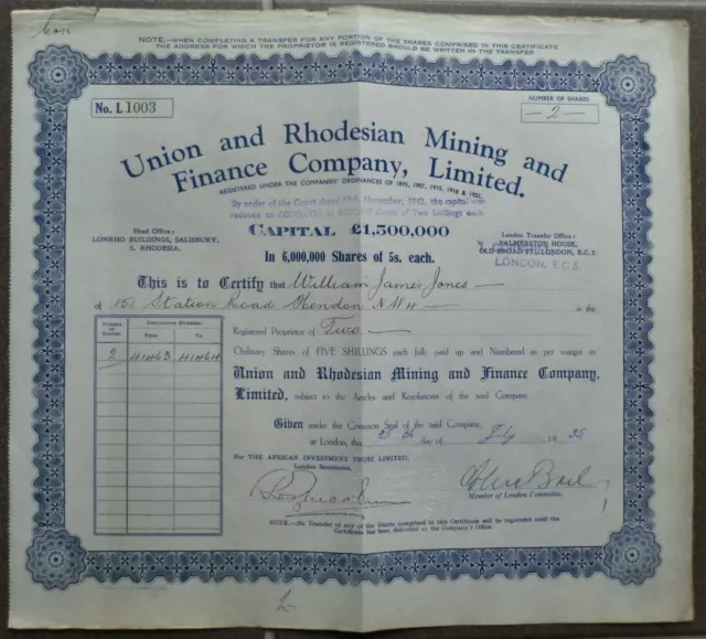 Union & Rhodesian Mining & Finance Company Ltd., London, 1935 (2 Shares)