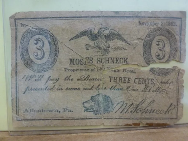 1863 Proprietary Currency Moses Schneck Eagle Hotel 3 Cents Obsolete Currency-PA