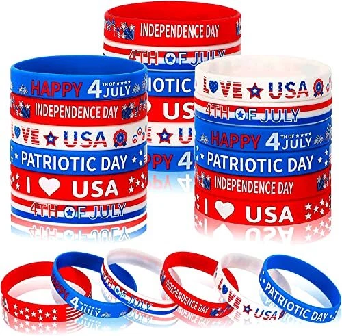 24pcs 4th of July Party Favors Silicone Bracelets USA American Flag Red White