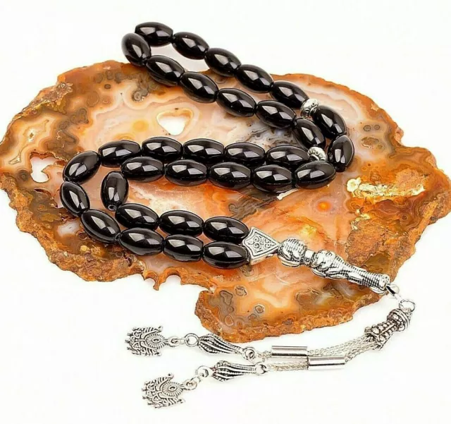 REAL Obsidian Stone Islamic Prayer 33 beads Tasbih Misbaha Tasbeeh 13x8mm BIG