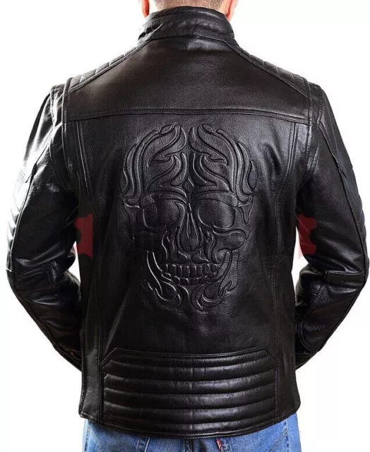Men's Real Cow Leather Bikers Jacket Cafe Racer Skull Back Bikers Jacket UKSTOCK