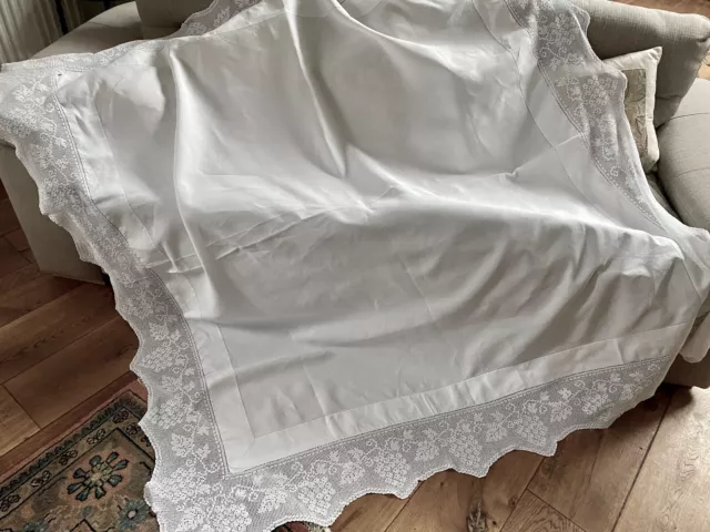 Large White Vintage, Linen Tablecloth With Filet Crocheted Lace  Edge  72" X 70"
