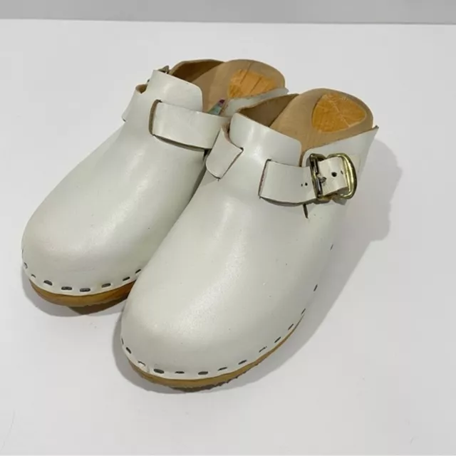 Vintage Vollsjo White Leather Swedish Wooden Clogs size 36 with buckles