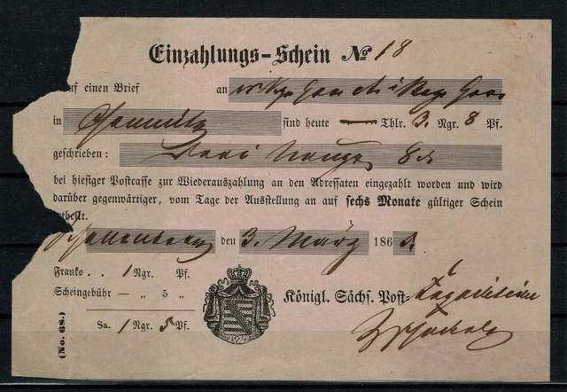 Einzahlungsschein, Postschein Sachsen Schellenberg nach Chemnitz 1865