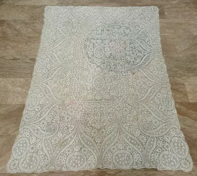 Antique  French linen lace Tablecloth needlework Floral Table Cover 200 x 139 cm