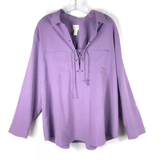 CHICOS 4 Top Sz 20/22 Lace Tie V neck Purple Long Sleeve Tunic Modal Blend