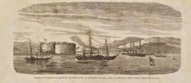Stampa antica Nave Tolone Contrammiraglio Bouet-Willaumez Xilografia 1859