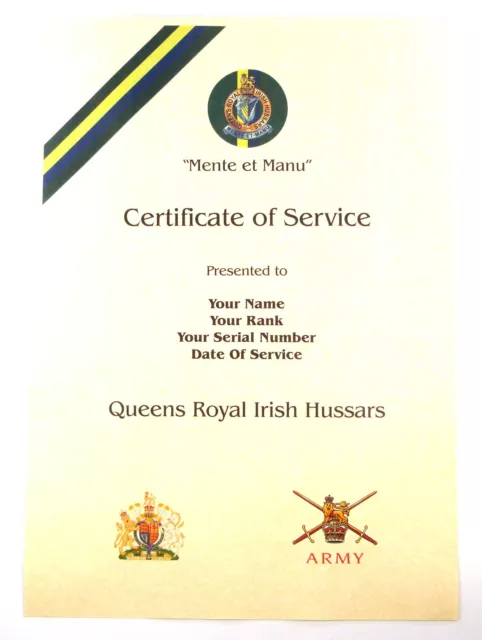 QUEENS ROYAL IRISH Hussars Personalised Certificate Of Service £9.99 ...