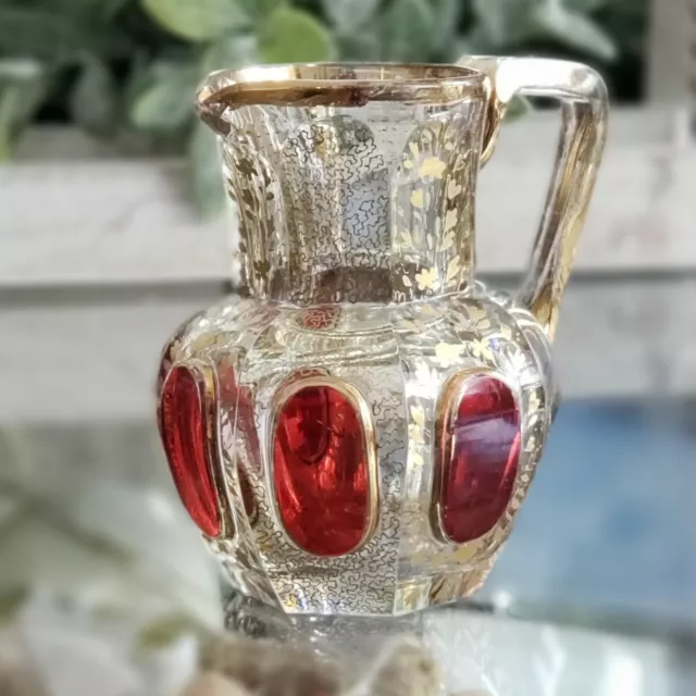 Moser Miniature Cabochon Glass Pitcher 3” Gold Gilt Red Bohemian Antique