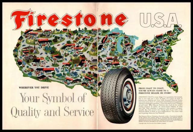 1962 Firestone Tire & Rubber Co. Map Of USA Firestone Dealers 2-Page Print Ad