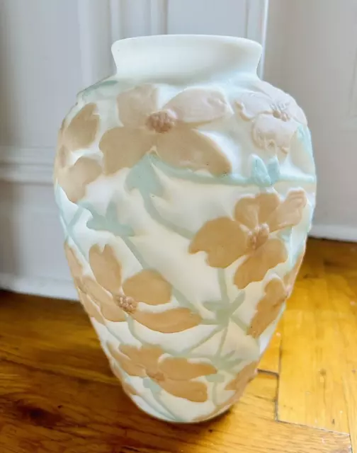 Vintage Phoenix Consolidated Art Glass Vase Dogwood Flowers Peach Teal 10.75"