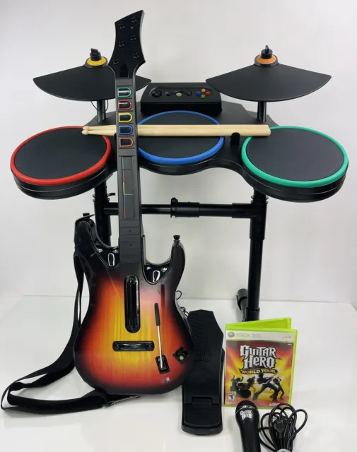 Xbox 360 Guitar Hero World Tour Drum Kit  Guitar Mic Complete Band Bundle
