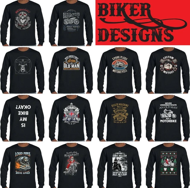 Biker Manica Lunga T-Shirt Motocicletta Cafe Racer Chopper Moto Teschio Top