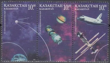 Kasachstan Mi.Nr. Zdr.165,163,164 Kosmonautik, u.a. Sputnik, Mir, Space-Shuttle