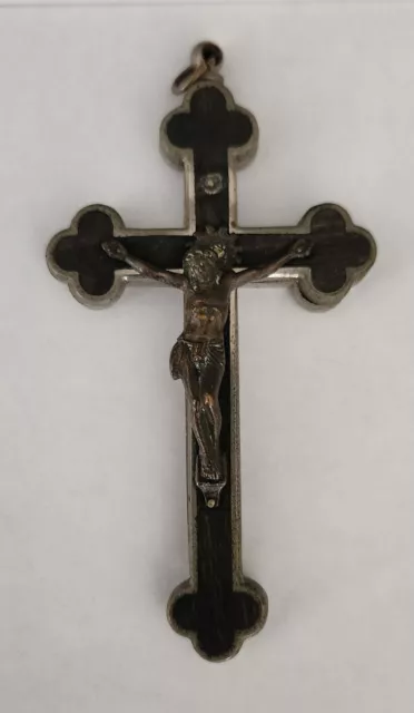 Antique Ebony Reliquary Budded Crucifix 5" from WW2 Era Nickel and Ebony