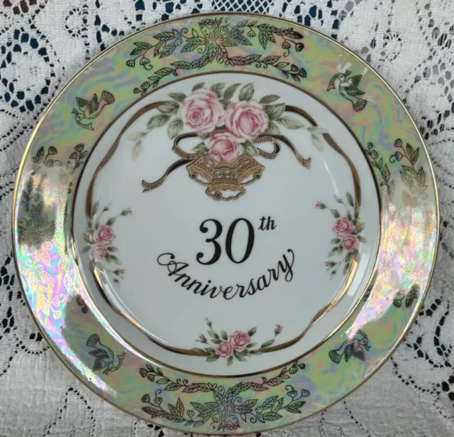 Vintage Lefton 30th Anniversary 9” Plate Pink Roses Gold Accents Gorgeous! EXC!