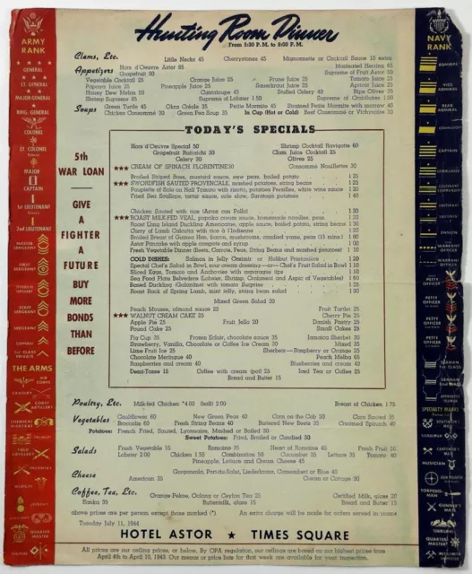 1944 Vintage WWII War Era Menu HOTEL ASTOR Times Square HUNTING ROOM Dinner NY