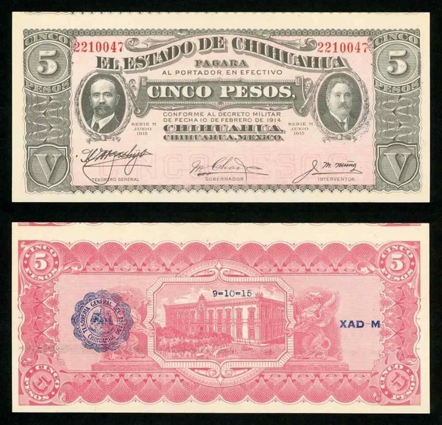 1915 Series M State Chihuahua Mexico 5 Pesos Large Banknote P# S532A Crisp Unc.