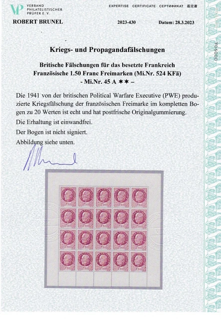 F693) Britische Fälschung 45 A POSTFRISCHER BOGEN Expertise Brunel EINWANDFREI