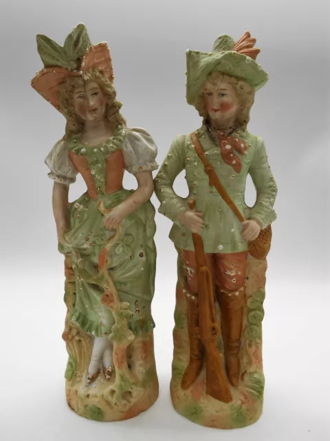 Grande Paire De Figurine En Biscuit Couple De Chasseur Porcelaine Allemande