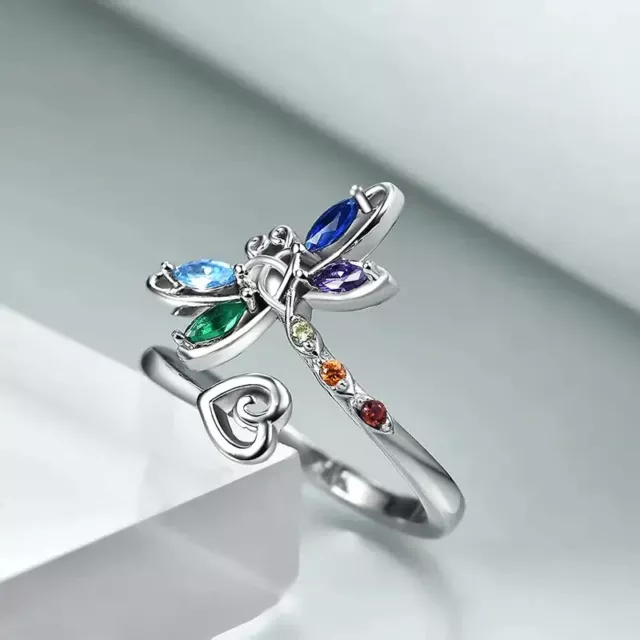 Colorful Dragonfly Heart Decor Ring Girl Blue Purple Green Adjustable Size Gift
