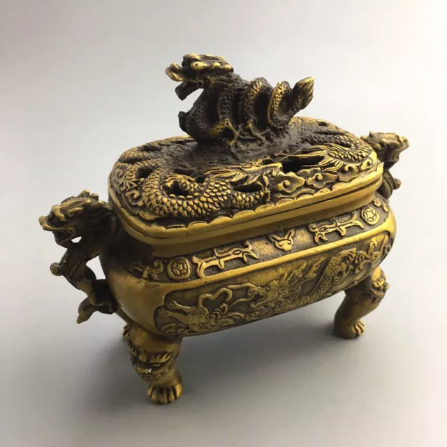 Antique Marked Chinese Old Bronze Dragon Fu Foo Dogs Lion Incense Burners Censer
