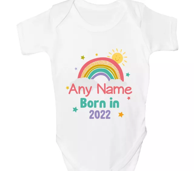 Personalised Baby Grow Boys Girls Vest Any Name Date Rainbow Announcement Gift