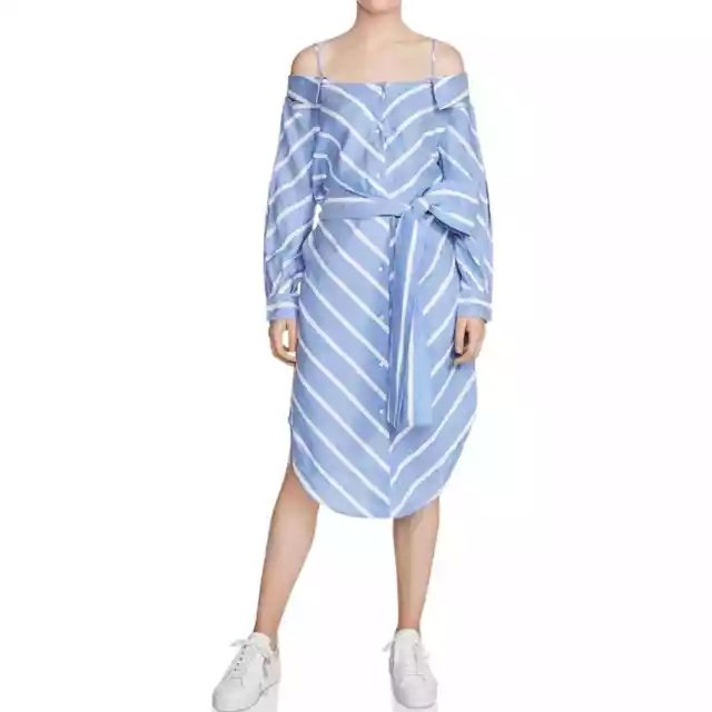 MAJE Rulylle Off the Shoulder Blue/White Striped Midi Shirt Dress size L