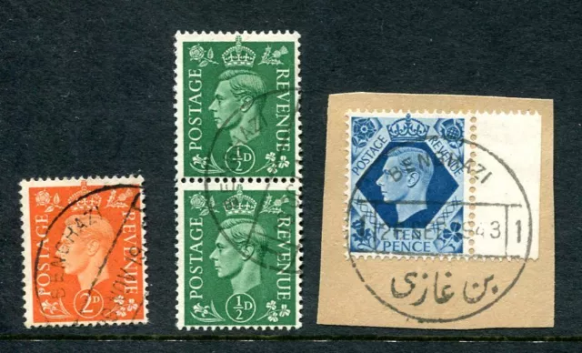 Libya 1940’s B.O.F.I.C. three Great Britain stamps with “BENGHAZI” postmarks