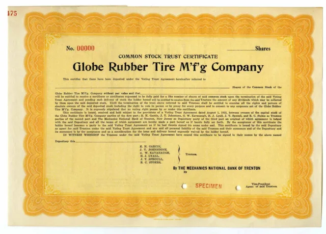 Globe Rubber Tire M'f'g Co., 1923, Specimen Stock Cert. XF-AU. ABNC