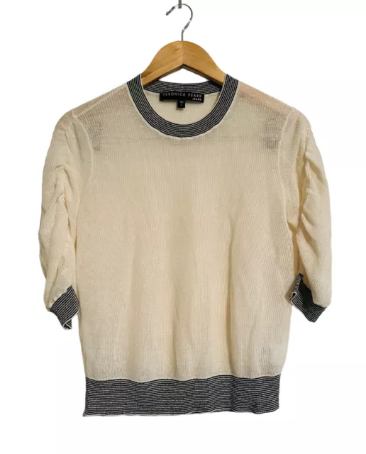 Veronica Beard Womens Linen Sweater Knit Blouse Short Sleeve Top Cream Small