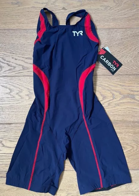 TYR Women's Medium Blue Red Aeroback Short John Swim Suit CARBON New USA Made