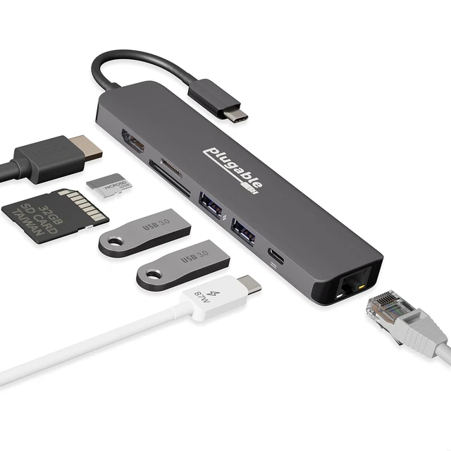 Plugable 7-in-1 USB C Hub Multiport Adapter with Ethernet - Compatible with M...