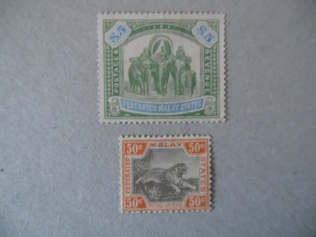 2 X Federated Malay States 50c and $5 values in mint condition cat £400+