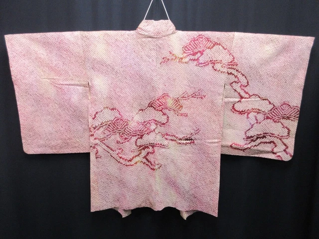 7628H5 Silk Vintage Japanese Kimono Haori Jacket Full Shibori Pine Tree