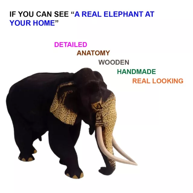 Wooden Elephant Sculpture Vintage Hand Craft Figurine Lucky Statue Asian Bull 8'