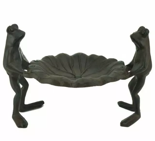 Frog Pair with Leaf table top bird feeder bath dish cast iron garden rust finish