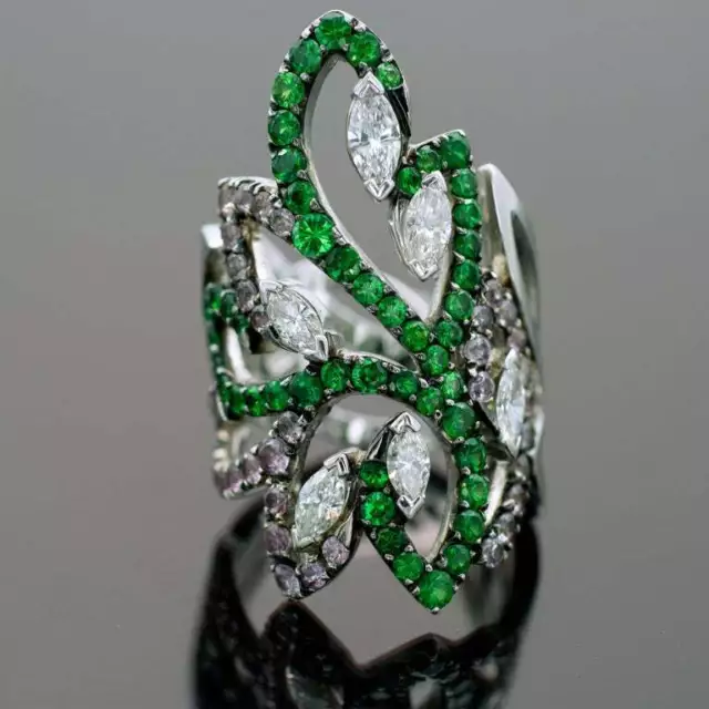 Green Tsavorite, Pink Sapphire and White CZ Art Deco 925 Silver Arabesque Ring