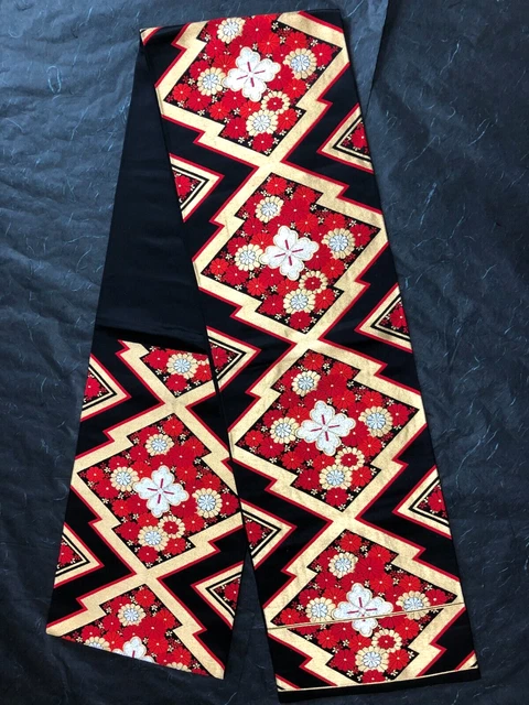 FUKURO Obi Silk Japanese Kimono Vintage Woven Woman Belt Black Red Flower