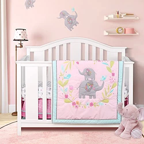 Luxury 4 Piece Elephant Crib Bedding Set,Pink Crib Set for Baby