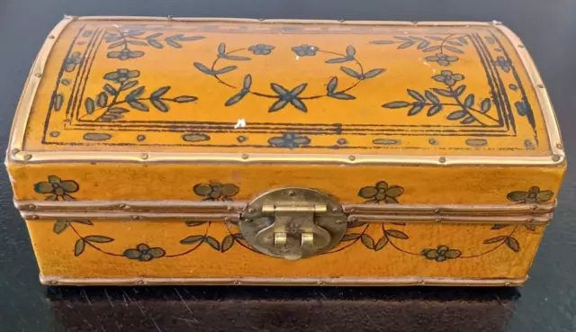 Vintage Storage Box Yellow Wooden Copper Hand Painted Laurel Design