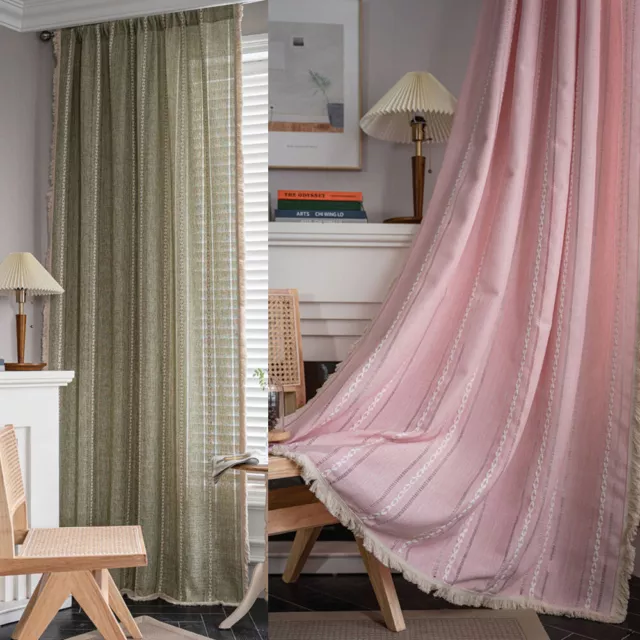Stripe Embroidery Curtain Window for Living Room Tassel Vintage Drape Home Decor
