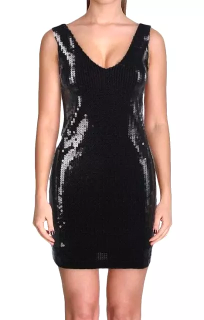 Maddie & Tae Aqua ~ Black Sequins Double V Shift Clubwear Party Dress L NEW $128