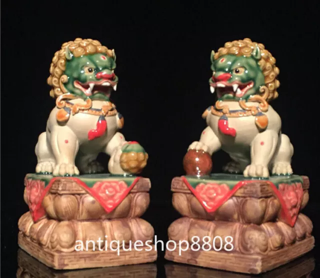 8" Chinese Regius Porcelain Pottery Fengshui Foo Fu Dog Guardion Door Lion Pair