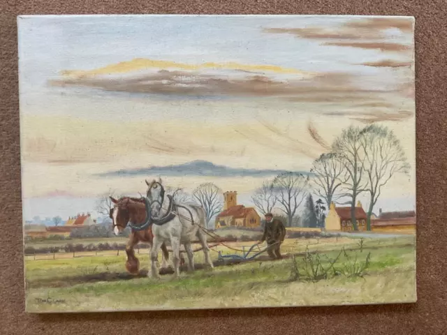 Original Tom Clark Oil Painting Farming Horse Ploughing Scene Yorkshire Wolds