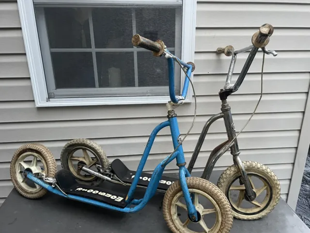 Pair Of 2 MONGOOSE miniscoot 12” Scooters OLD SCHOOL BMX Blue And Chrome