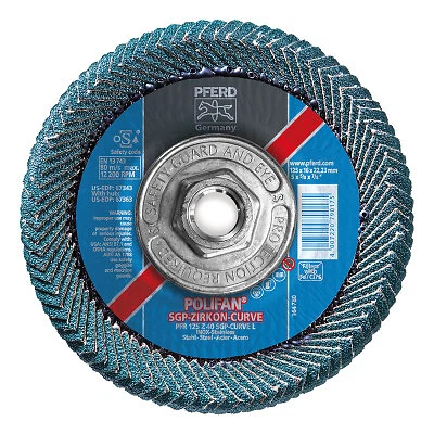 Polifan Flap Disc, 5 In, 40 Grit, 5/8 Arbor, 12,200 Rpm, Z-Curve, T29 Pferd