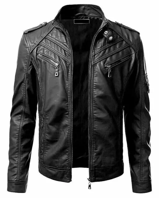 Men’s Vintage Cafe Racer Black Lambskin Real Leather Slim Fit Retro Biker Jacket